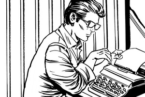 Illustration von einem Mann, der an einer Schreibmaschine sitzt und ein Blatt einspannt
