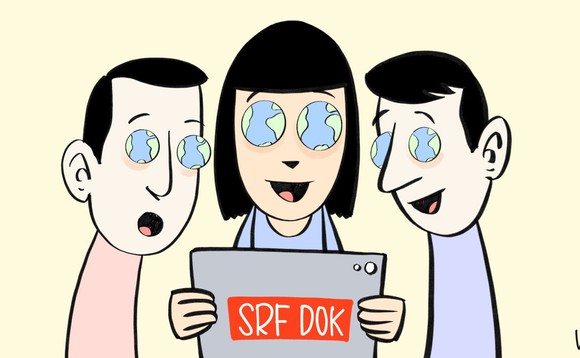 Illustration von drei Personen, welche auf dem Tablet eine DOK schauen