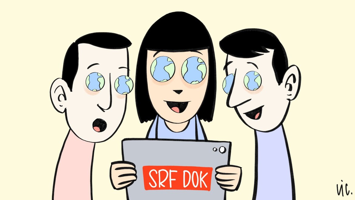 Illustration von drei Personen, welche auf dem Tablet eine DOK schauen