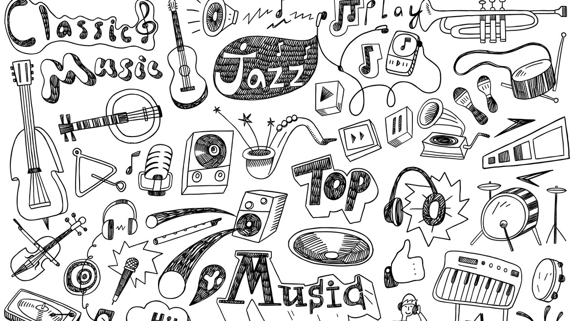 Bild mit verschiedenen gezeichneten Musikinstrumenten und Musikrichtungen drauf geschrieben