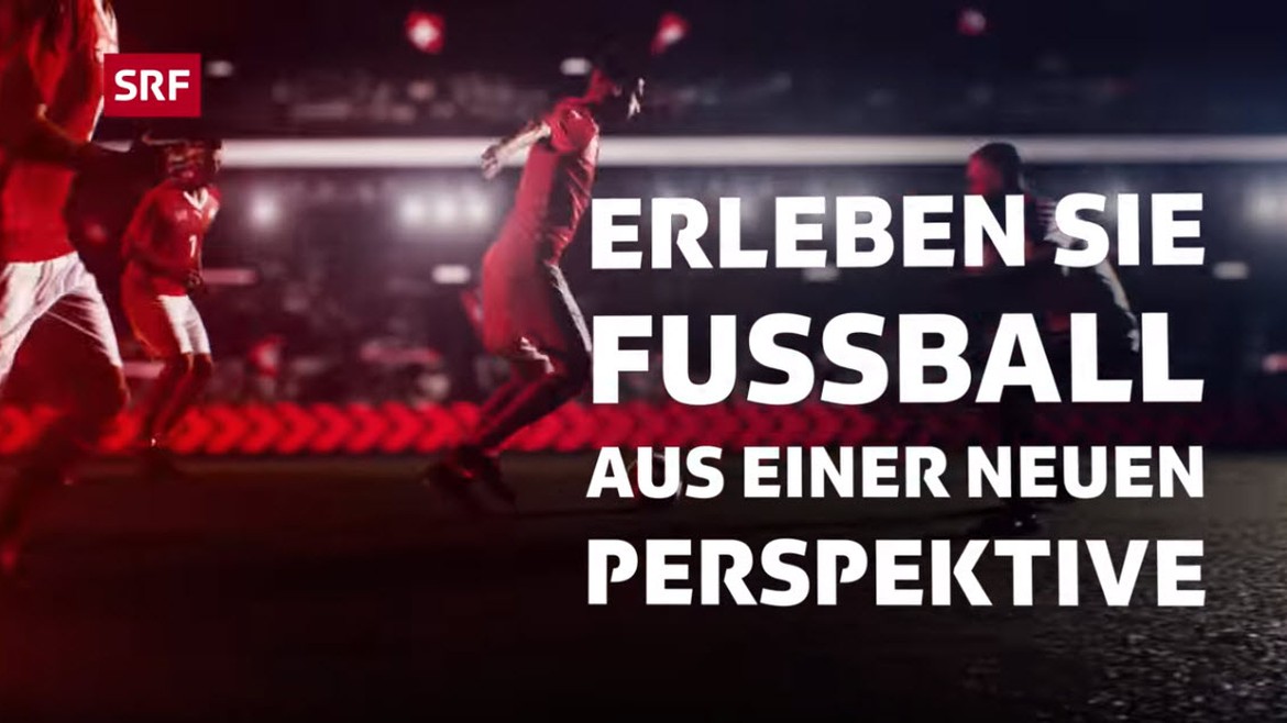 Screenshot aus Trailer zur SRf Sport App mit Schriftzug «Fussball aus einer neuen Perspektive»