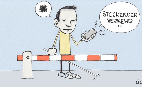 Eine Illustration zeigt einen Sehbehinderten vor einer geschlossenen Schranke.