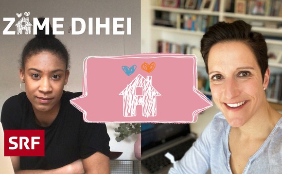 Keyvisual vom Podcast «Zäme Dihei». Lena und Caro sind darauf in ihrem jeweiligen Zuhause zu sehen