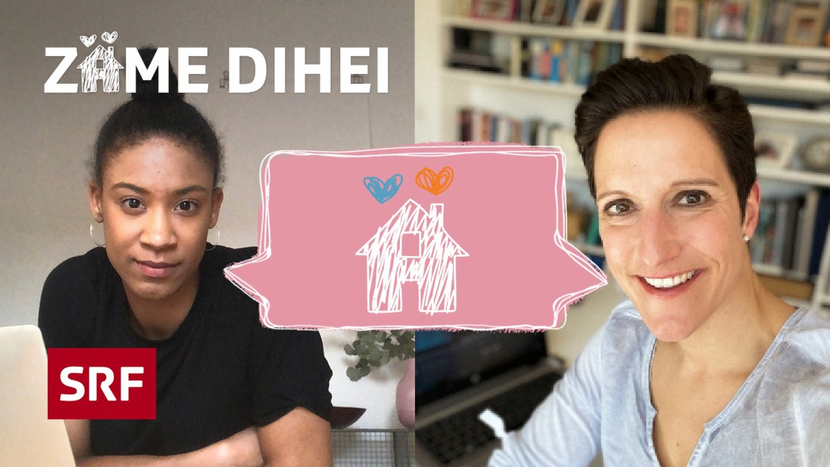 Keyvisual vom Podcast «Zäme Dihei». Lena und Caro sind darauf in ihrem jeweiligen Zuhause zu sehen