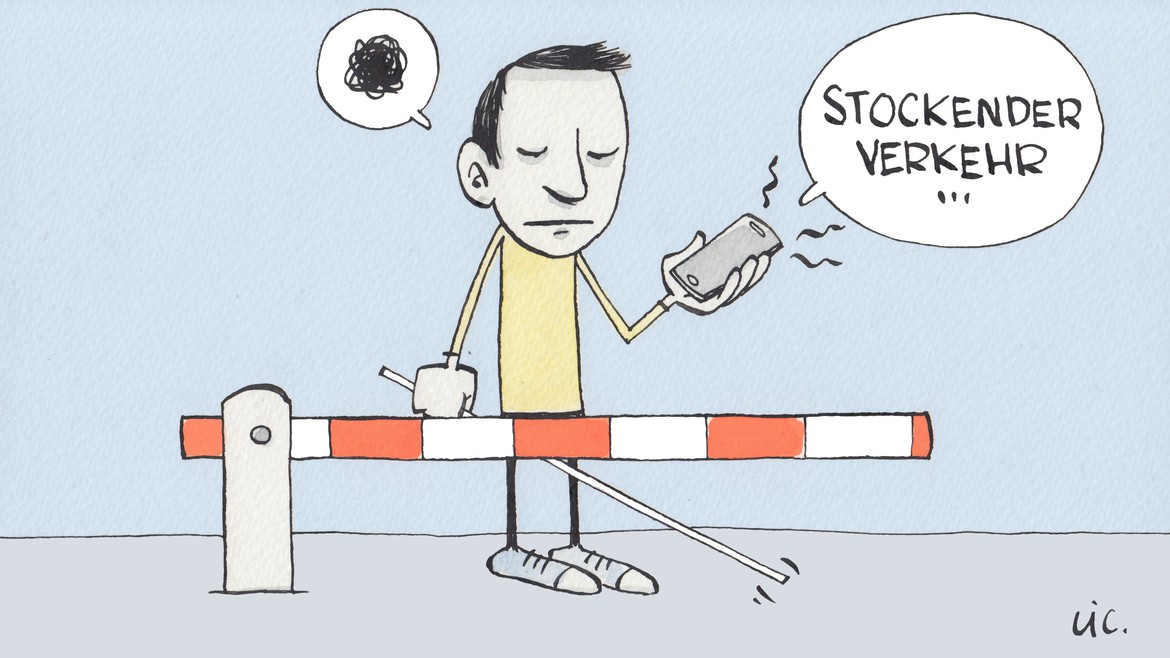 Eine Illustration zeigt einen Sehbehinderten vor einer geschlossenen Schranke.